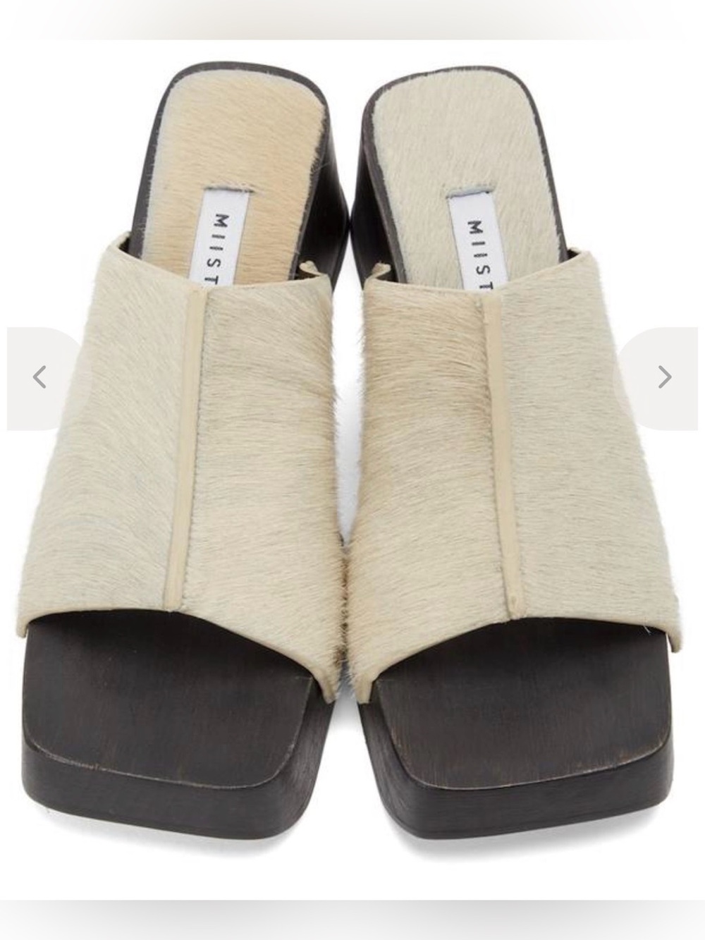 Miista Cream Haircalf Slide Mules with Dark Wood Platform